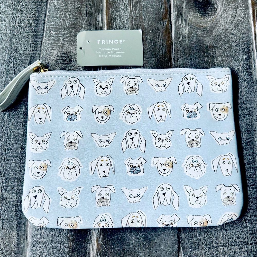 Fringe Blue Dog Faces Zipper Travel Makeup Bag Medium Pouch